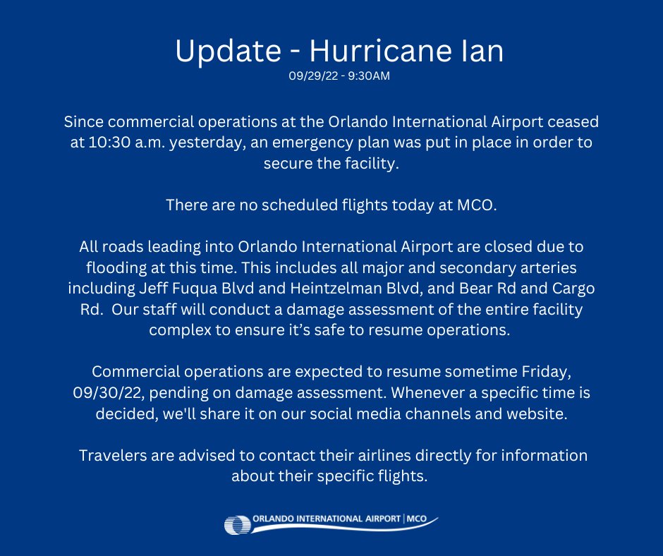 Orlando International Airport shares closure update due to Hurricane Ian