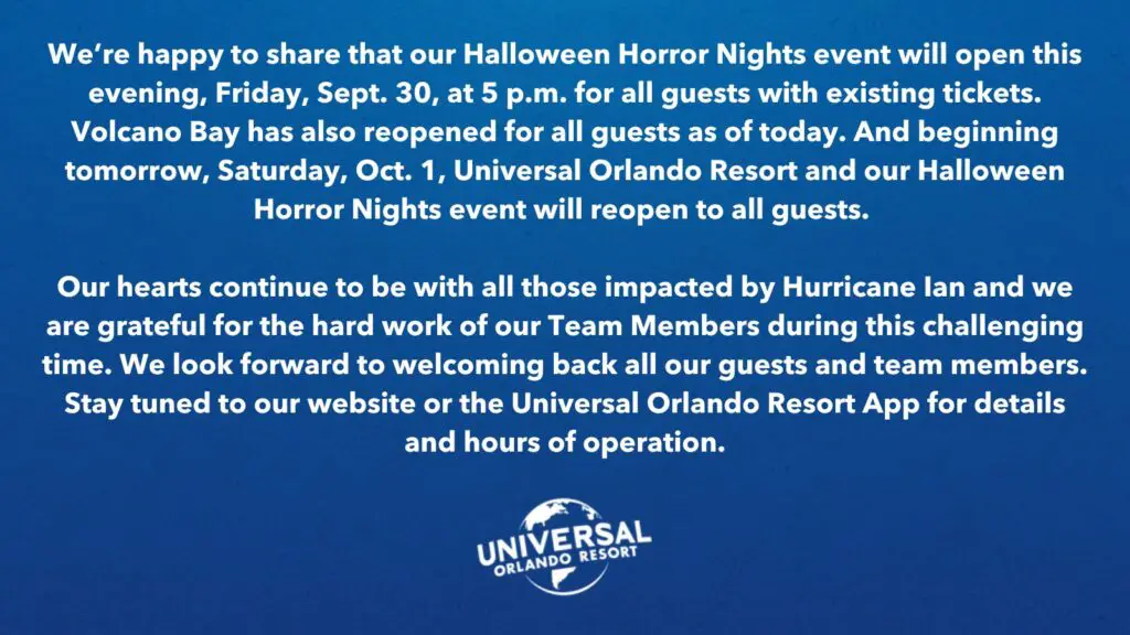 Universal Orlando releases an update on Halloween Horror Nights and Theme Parks Opening to all Guests Tomorrow