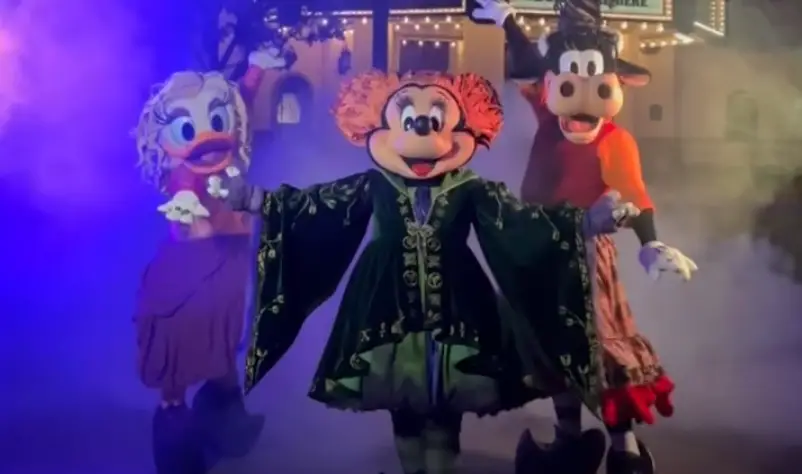 Minnie, Daisy, and Clarabelle dress as the Sanderson Sisters from Hocus Pocus