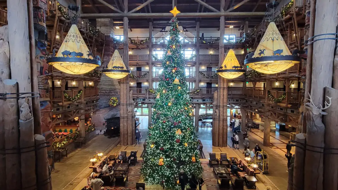 Disney’s Wilderness Lodge Huge Christmas Tree and other Decorations Arrive