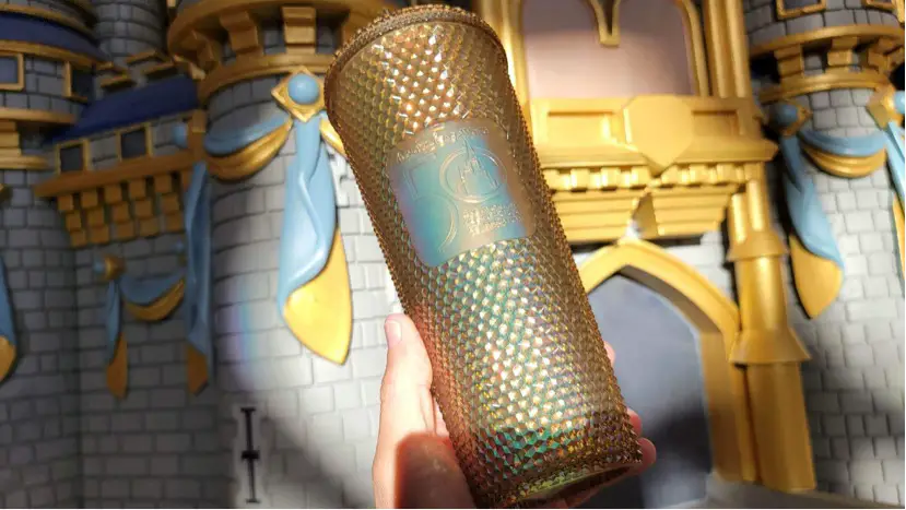 New Gold Walt Disney World 50th Anniversary Starbucks Tumbler Spotted At Magic Kingdom!