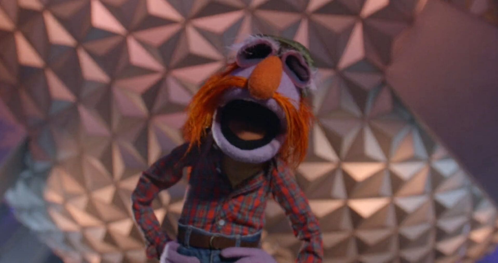 Floyd from The Muppets Mayhem Visits EPCOT to Ride Spaceship Earth