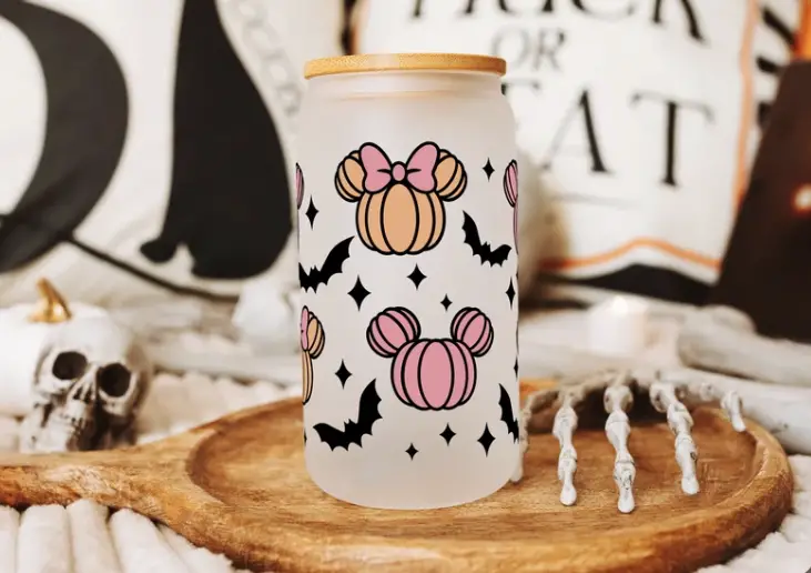Spookily Adorable Mickey And Minnie Pumpkin Glass Tumbler For Your Iced Coffee!