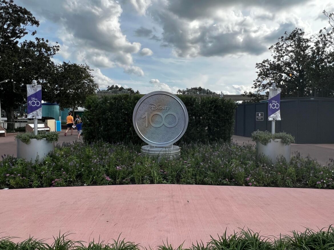 New Disney100 Spaceship Earth Medallion on Display Near the World Showcase in EPCOT