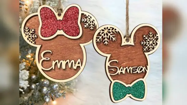 Personalized Mickey And Minnie Wooden Ornament