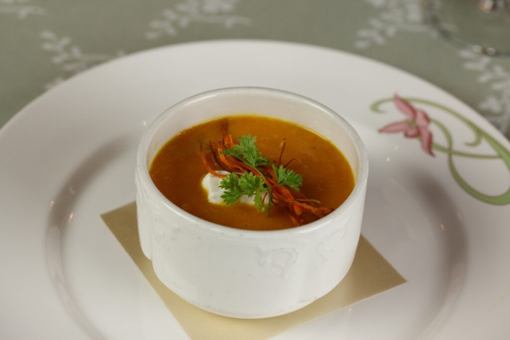 Curried Carrot and Apple Soup in Enchanted Garden on the Disney Dream