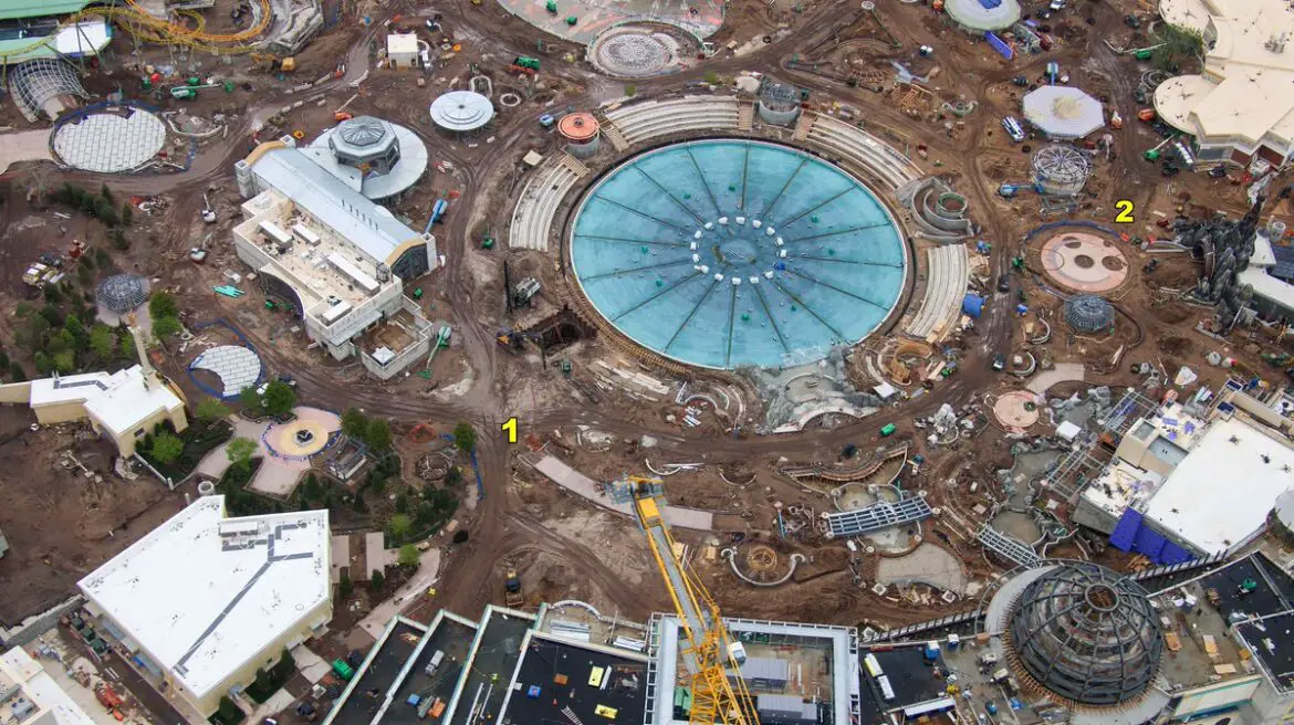 Aerial overview of the show fountain area in Universal Orlando’s Epic Universe