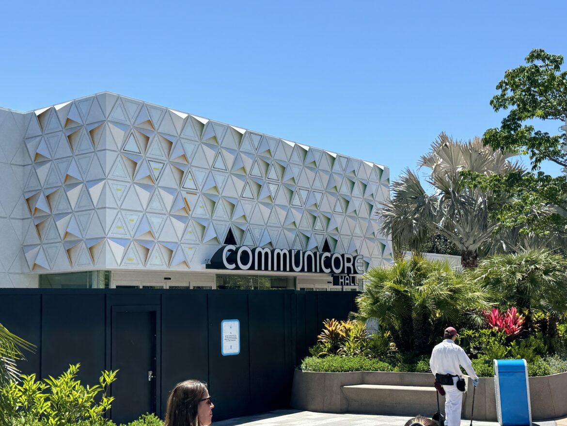 New hours of operation sign installed on Epcot’s Communicore Hall.