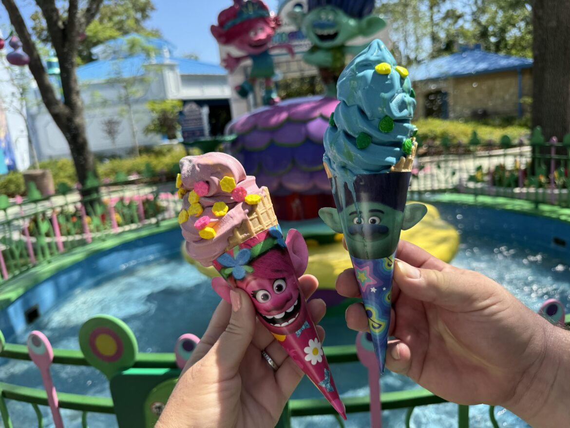 We tried the Brozone Berry and Poppy-licious Pink Ice Cream Cones from Trolls Treats in DreamWorks Land