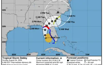 Tropical Storm Debby Track