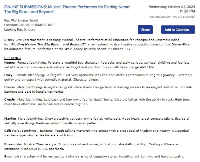 Walt Disney World is seeking Vocalists for %22Finding Nemo- The Big Blue... and Beyond! 3