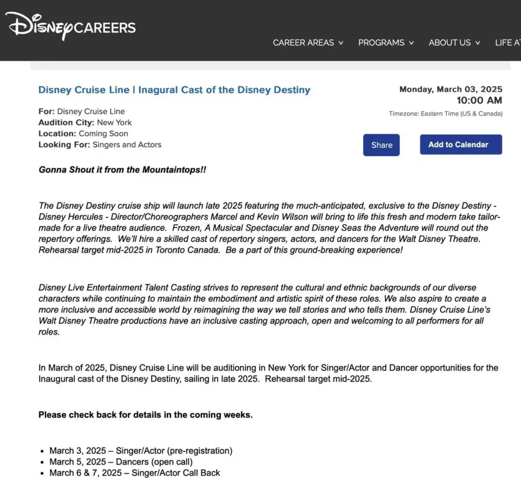 Disney Cruise Line Hiring Multiple Positions for Disney Destiny 3