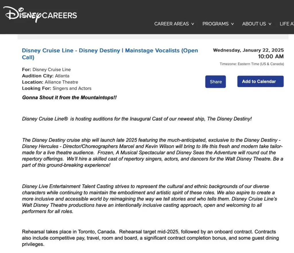 Disney Cruise Line Hiring Multiple Positions for Disney Destiny 5