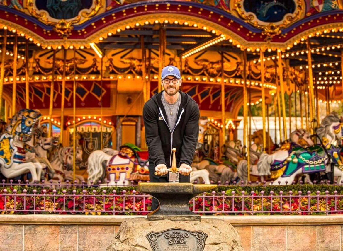 Captain America Chris Evans Pulls the Sword from the Stone at Magic Kingdom