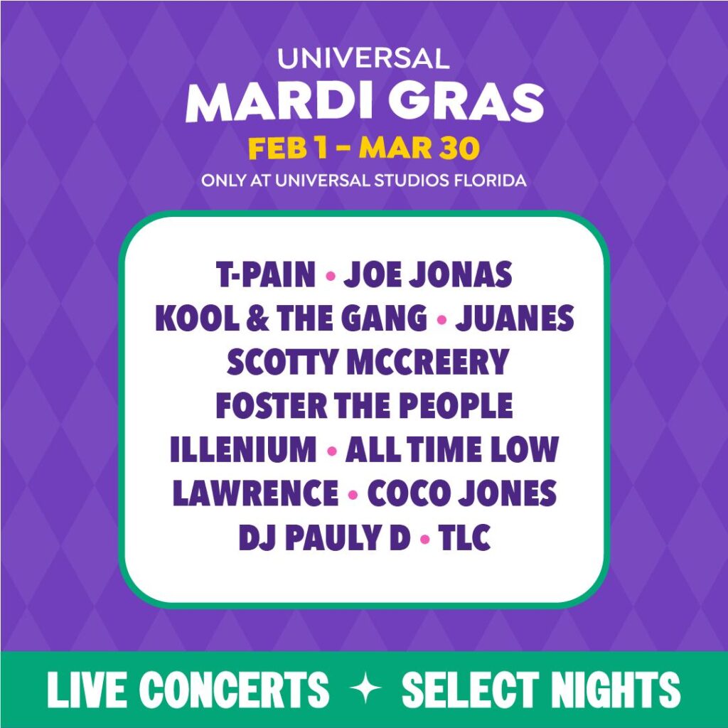 Universal Studios Florida Announces Star-Studded Concert Lineup for 2025 Mardi Gras Festival