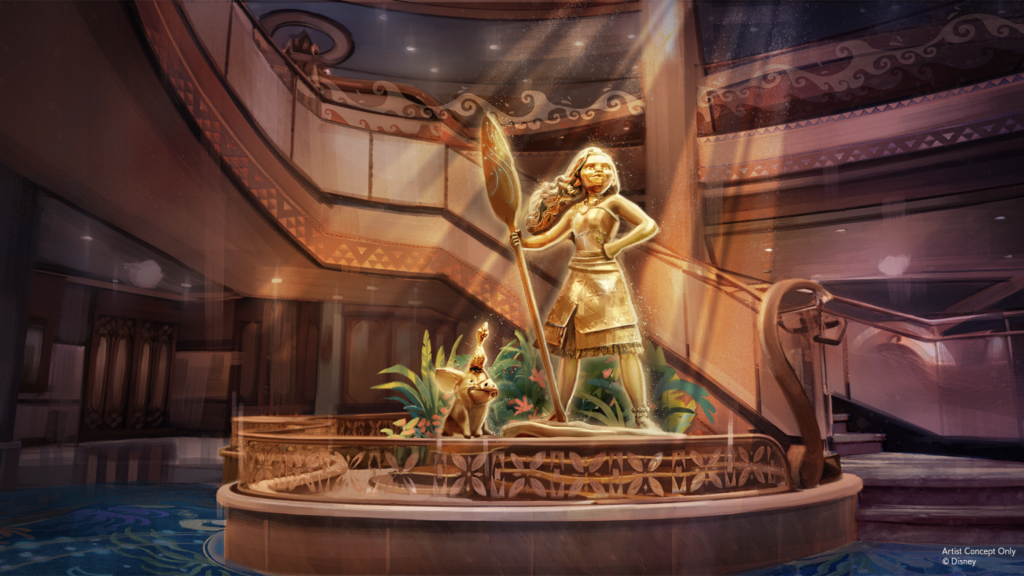 Disney Believe Grand Hall concept art with a bronze Moana statue, Pua, and Heihei