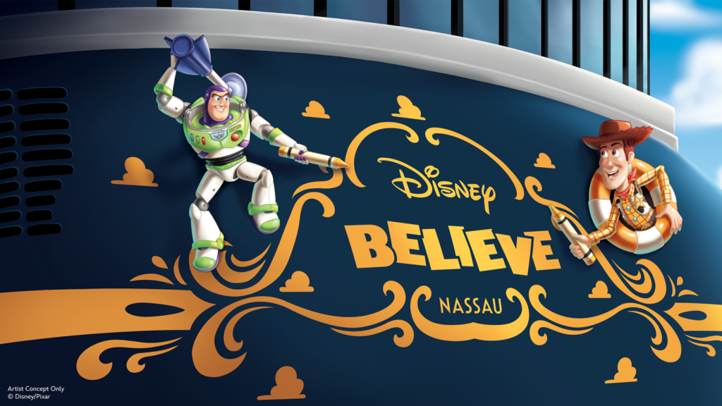 Disney Believe stern artwork featuring Woody and Buzz Lightyear